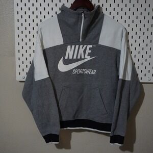 Nike Sportswear Pullover Sweatshirt Gray White Logo Quarter Zip Medium Swoosh